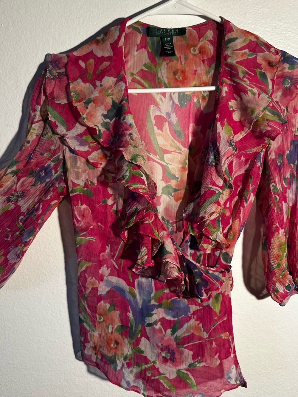 Ralph Lauren Fuchsia Floral Ruffle V-Neck Blouse